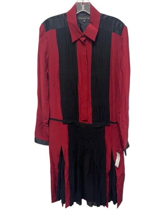 Barbara Bui Size 42 Red & Black Silk Long Sleeve Pleat Detail 1/2 Button Dress Red & Black / 42