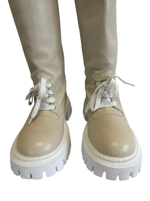 Lerre Shoe Size 36 Beige & White Leather Upper Round Toe Laced Detail Knee Boots Beige & White / 36