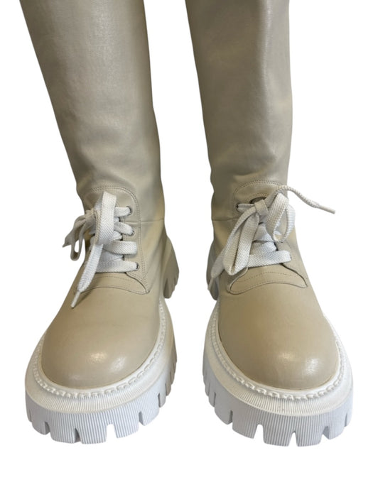 Lerre Shoe Size 36 Beige & White Leather Upper Round Toe Laced Detail Knee Boots Beige & White / 36