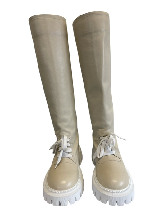 Lerre Shoe Size 36 Beige & White Leather Upper Round Toe Laced Detail Knee Boots Beige & White / 36