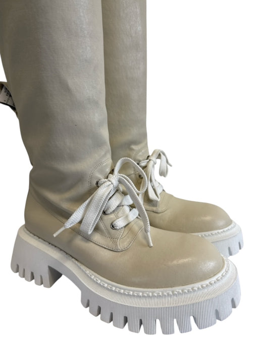 Lerre Shoe Size 36 Beige & White Leather Upper Round Toe Laced Detail Knee Boots Beige & White / 36