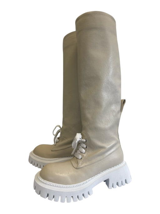 Lerre Shoe Size 36 Beige & White Leather Upper Round Toe Laced Detail Knee Boots Beige & White / 36