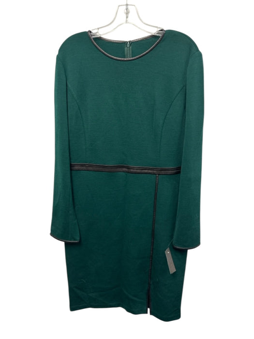 St. John Size 14 Black & Green Wool Blend Leather trim Long Sleeve Dress Black & Green / 14