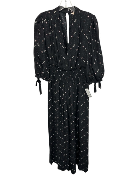 Rebecca Taylor Size 4 Black, Pink & White Silk Floral V Neck Wide Leg Jumpsuit Black, Pink & White / 4