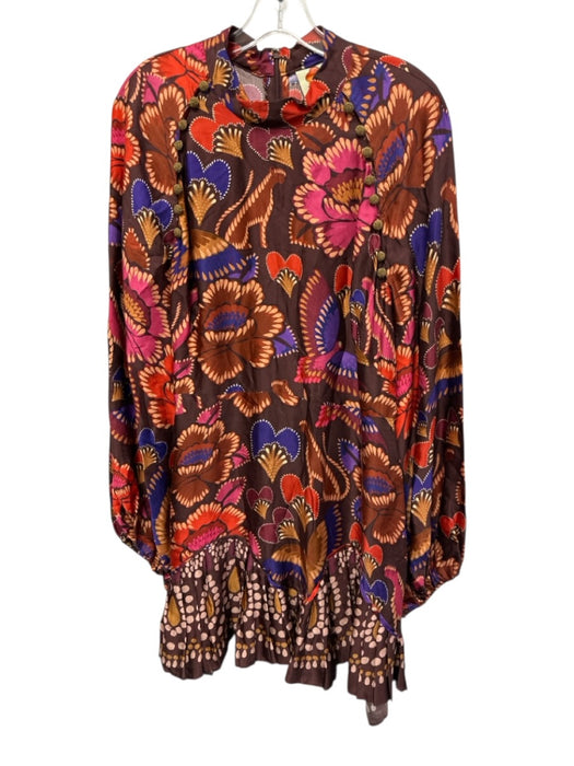 Farm Rio Size XL brown, pink & multi Viscose Blend Long Balloon Sleeve Dress brown, pink & multi / XL