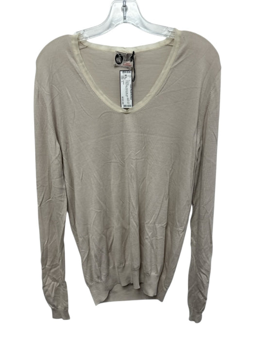 Lanvin Size L Khaki Beige Wool & Silk Knit Mesh Trim U Neck Pullover Sweater Khaki Beige / L