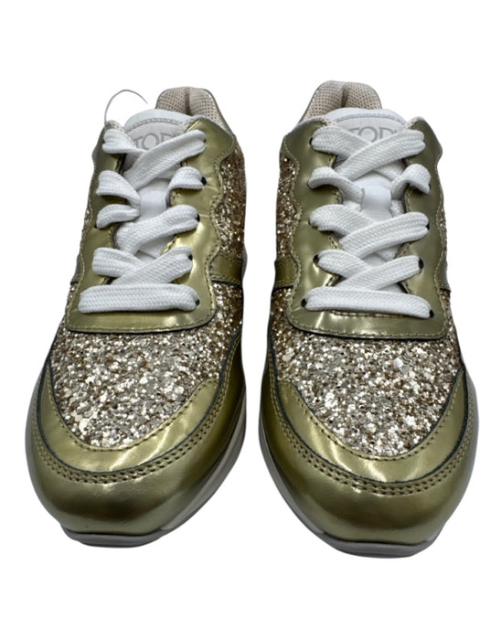 Tod's Shoe Size 34 Gold & White Leather Upper Glitter Round Toe Lace Up Sneakers Gold & White / 34