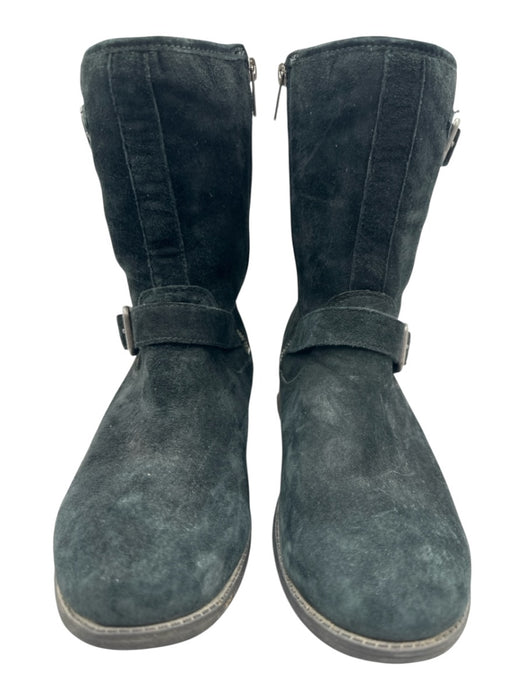 Ugg Shoe Size est 6 Black Suede Upper Shearling Low Stacked Heel Mid Calf Boots Black / est 6