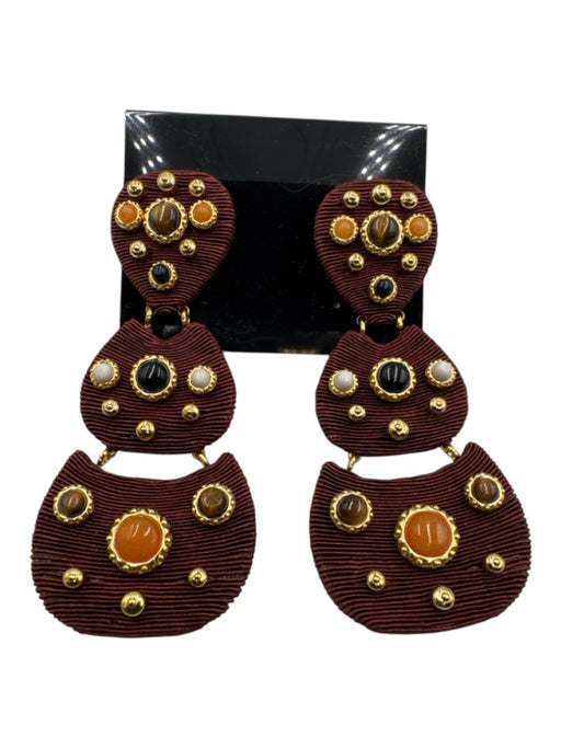 Tuckernuck Brown, Gold, Multi Textile Gemstone Post Back Tiered Earrings Brown, Gold, Multi