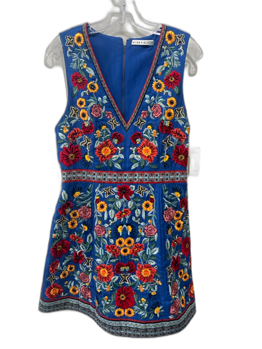 Alice + Olivia Size S Blue, Red & Multi Polyester Sleeveless Beaded V Neck Dress Blue, Red & Multi / S