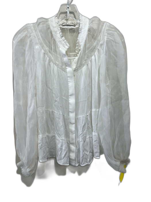 Alice + Olivia Size M White Viscose & Silk Long Sheer Sleeves Lace Trim Top White / M