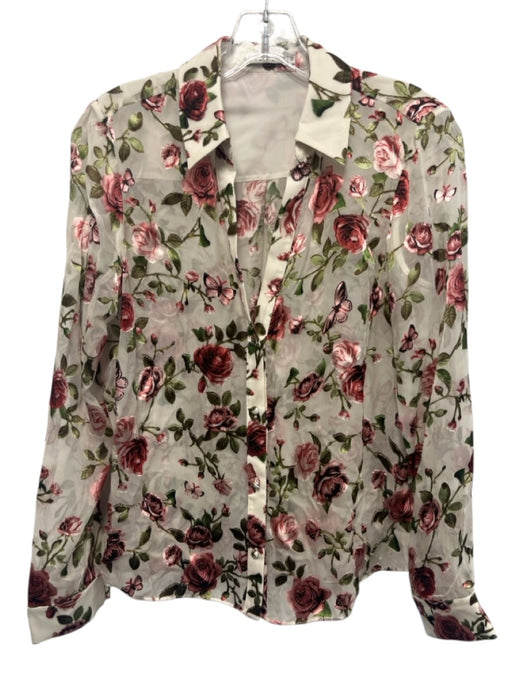 Alice + Olivia Size S Cream White, Red & Green Silk Blend Floral Burnout Top Cream White, Red & Green / S