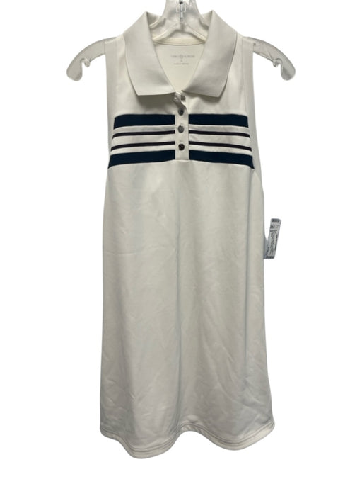 Tory Burch Size M White & Navy Blue Polyester Striped Quarter Button Polo Dress White & Navy Blue / M