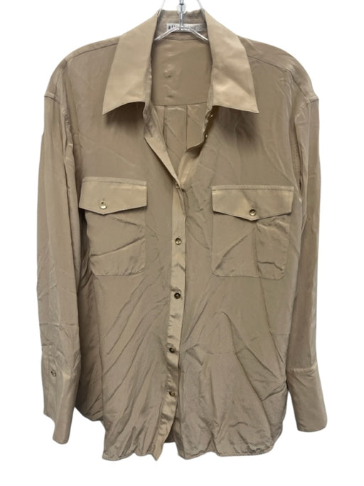 Alice + Olivia Size S Khaki Beige Silk Long Sleeve Button Up Breast Pockets Top Khaki Beige / S