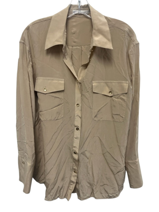 Alice + Olivia Size S Khaki Beige Silk Long Sleeve Button Up Breast Pockets Top Khaki Beige / S