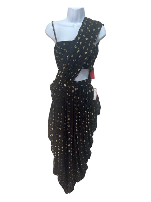 Sani Size S Black & Gold Viscose Side Zip Crop Top Draped Wrap Skirt Set Black & Gold / S