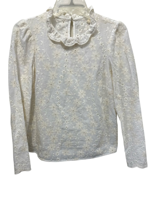 Sezane Size 36 White Cotton Long Sleeve Floral Embroidery Button Neck Top White / 36