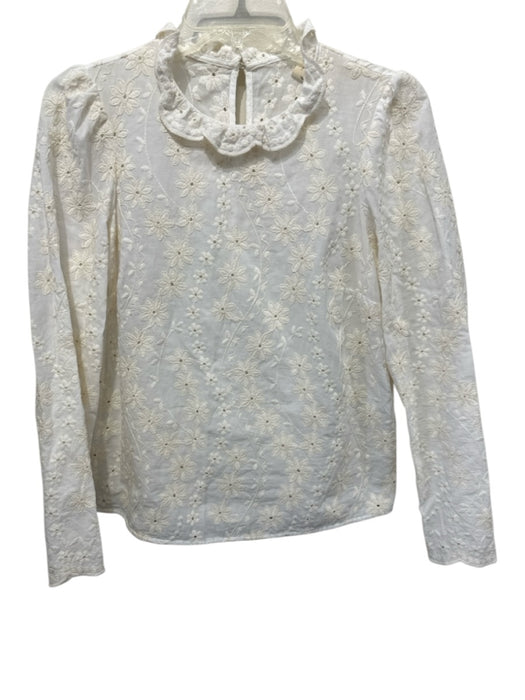 Sezane Size 36 White Cotton Long Sleeve Floral Embroidery Button Neck Top White / 36