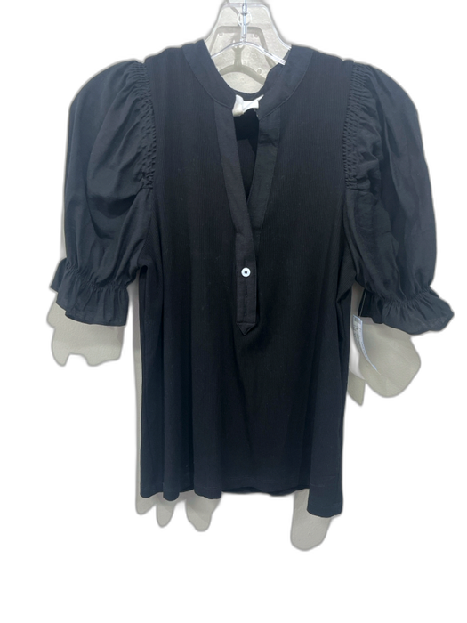Pomander Place Size XS Black Rayon Blend Ribbed Short Puff Sleeve 1/2 Button Top Black / XS