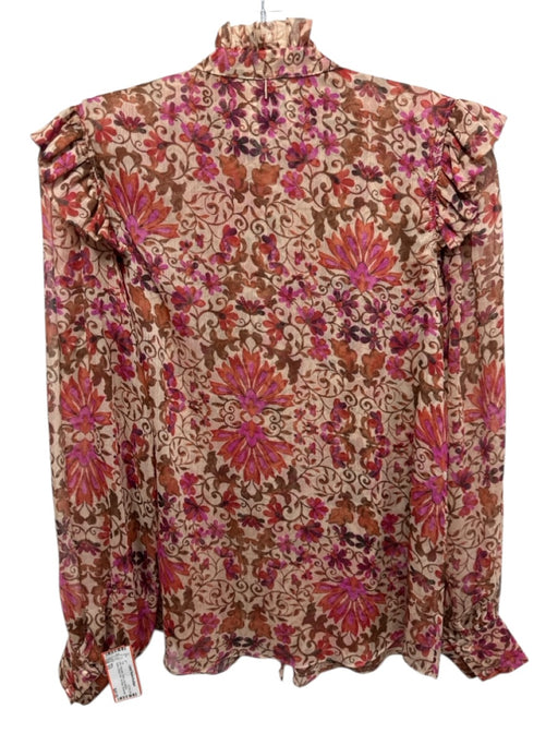 Misa Size XS Pink Polyester Floral Long Balloon Sleeve Button Front Tie Neck Top Pink / XS