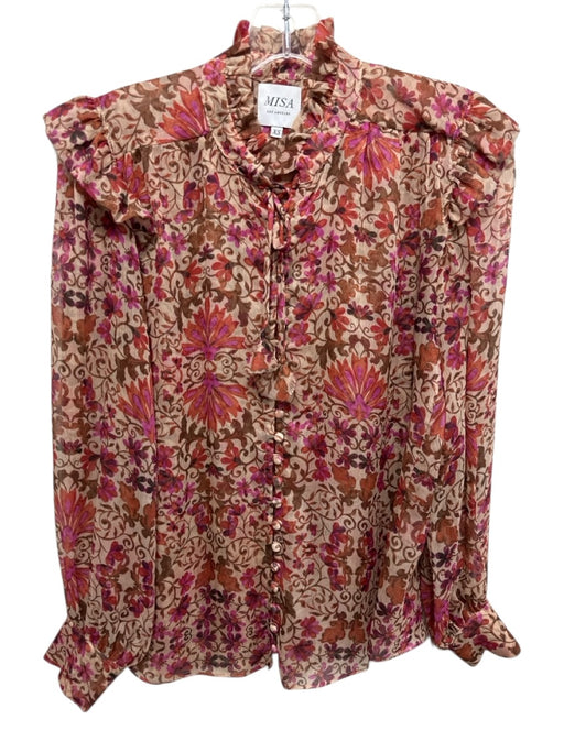 Misa Size XS Pink Polyester Floral Long Balloon Sleeve Button Front Tie Neck Top Pink / XS