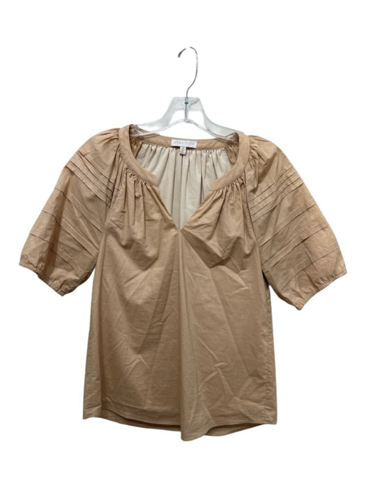 Anna Cate Size XS Beige Cotton Short Puff Sleeve Notch Neck Top Beige / XS