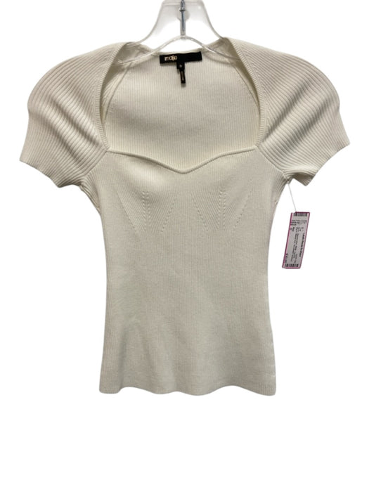 Maje Size 0 White Viscose Blend Ribbed Knit Sweetheart Neckline short sleeve Top White / 0