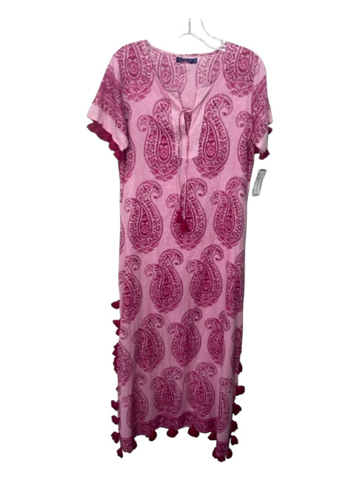 La Plage Size XS Pink Cotton Paisley Round Split Neck Maxi short sleeve Dress Pink / XS