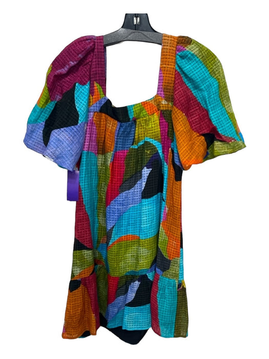 Marie Oliver Size XS Orange, Blue & Green Viscose Blend Square Neck Shift Dress Orange, Blue & Green / XS