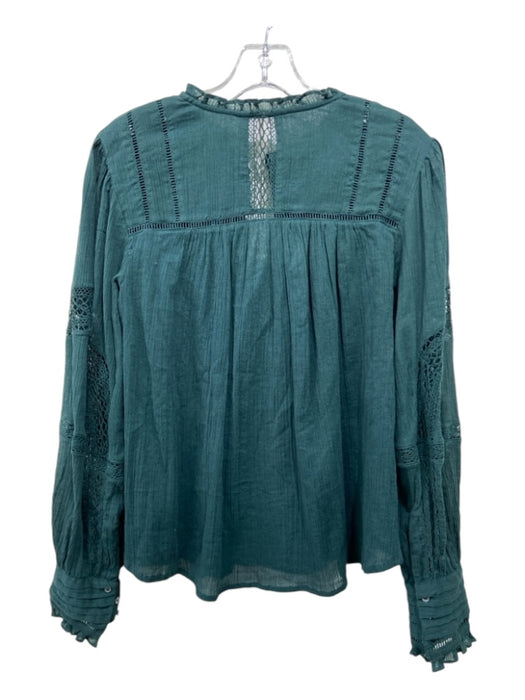 Free People Size XS Forest Green Cotton Long Sleeve Lace Detail Button Front Top Forest Green / XS