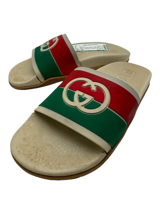 Gucci Shoe Size 8 Cream, Red, Green Rubber & Foam Web Stripe Logo Slides Sandals Cream, Red, Green / 8