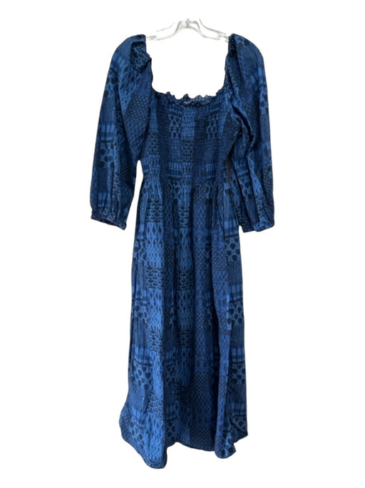 Ann Mashburn Size Large Blue Cotton Maxi Smocked Bodice 3/4 Puff Sleeve Dress Blue / Large