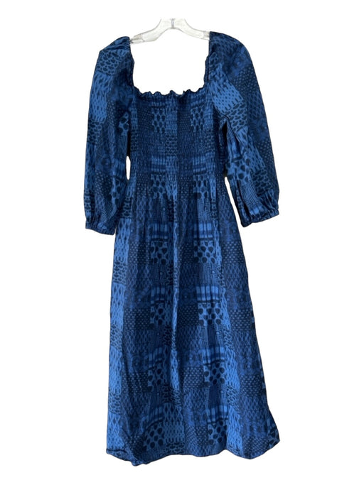 Ann Mashburn Size Large Blue Cotton Maxi Smocked Bodice 3/4 Puff Sleeve Dress Blue / Large