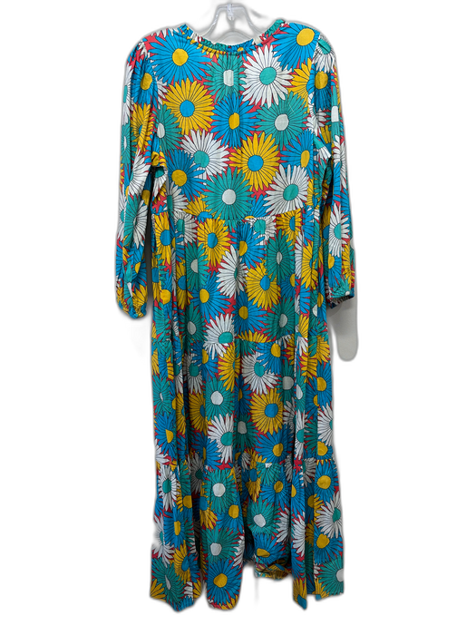 Tuckernuck Size M Teal Blue, Yellow & Multi Cotton Floral Tie V Neck Dress Teal Blue, Yellow & Multi / M
