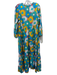 Tuckernuck Size M Teal Blue, Yellow & Multi Cotton Floral Tie V Neck Dress Teal Blue, Yellow & Multi / M