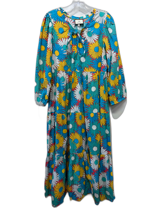 Tuckernuck Size M Teal Blue, Yellow & Multi Cotton Floral Tie V Neck Dress Teal Blue, Yellow & Multi / M