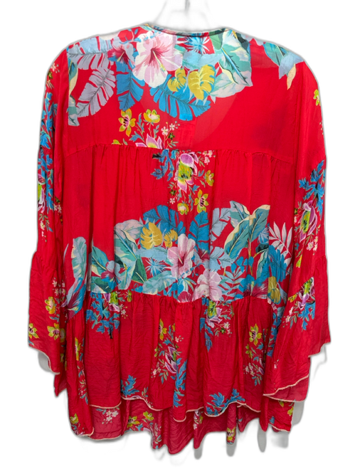 Johnny Was Size S Red & Multi Cupra Rayon Floral 3/4 Flare Sleeve Tiered Top Red & Multi / S