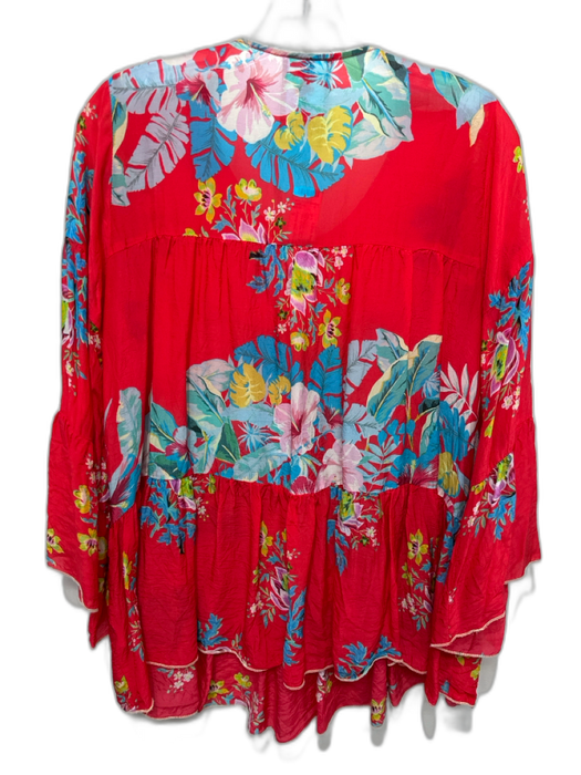 Johnny Was Size S Red & Multi Cupra Rayon Floral 3/4 Flare Sleeve Tiered Top Red & Multi / S