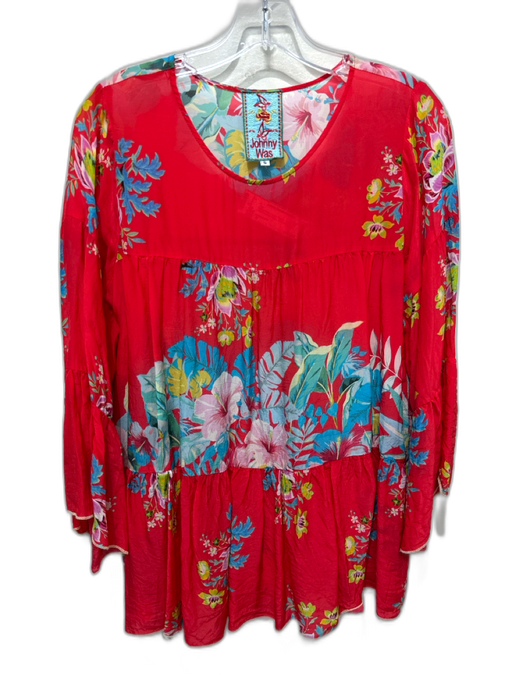 Johnny Was Size S Red & Multi Cupra Rayon Floral 3/4 Flare Sleeve Tiered Top Red & Multi / S
