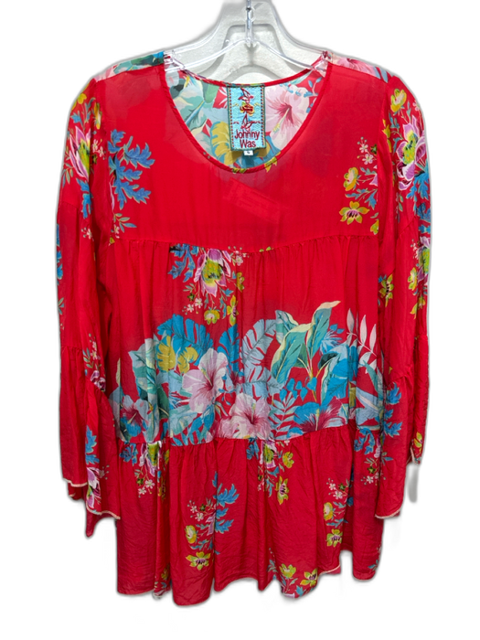 Johnny Was Size S Red & Multi Cupra Rayon Floral 3/4 Flare Sleeve Tiered Top Red & Multi / S