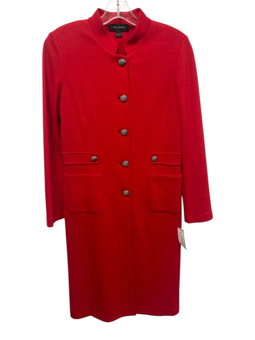 St. John Size 6 Red Wool Blend Rib Knit Silver Buttons Patch Pockets Midi Dress Red / 6