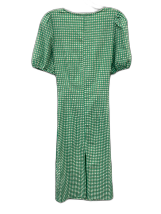 Zara Size S Green & White Polyester Blend Gingham Short Puff Sleeve V Neck Dress Green & White / S