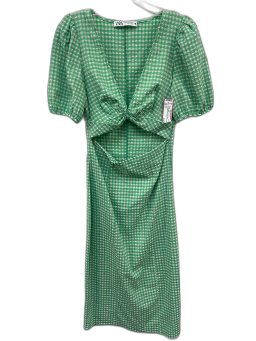Zara Size S Green & White Polyester Blend Gingham Short Puff Sleeve V Neck Dress Green & White / S