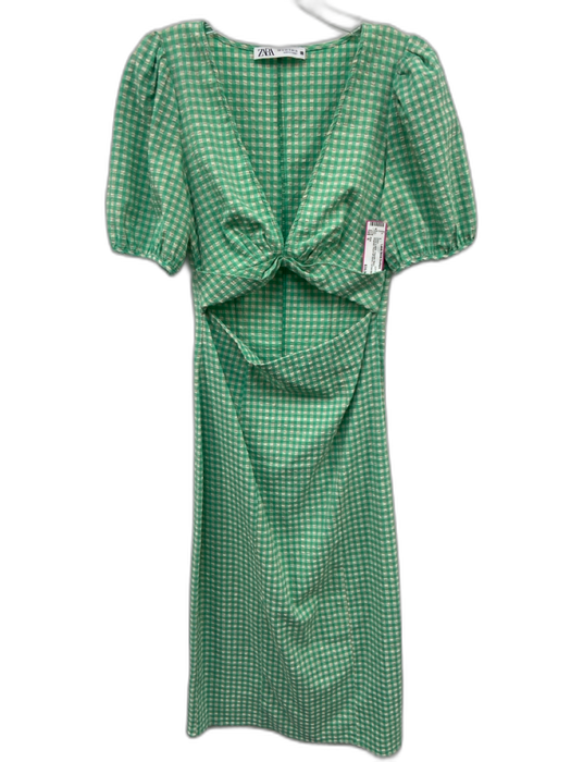 Zara Size S Green & White Polyester Blend Gingham Short Puff Sleeve V Neck Dress Green & White / S