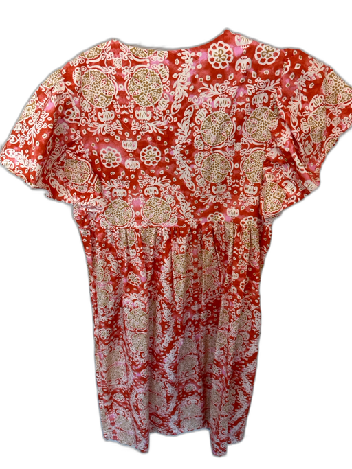 Maeve Size S Orange & Tan Cotton Flutter Cap sleeve Block Print V Neck Dress Orange & Tan / S