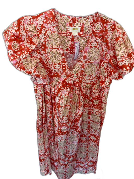 Maeve Size S Orange & Tan Cotton Flutter Cap sleeve Block Print V Neck Dress Orange & Tan / S