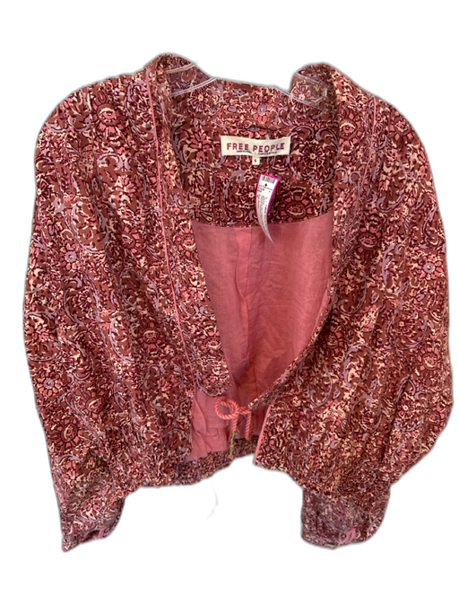 Free People Size S Mauve & Tan Cotton Long Balloon Sleeve Flowers Jacket Mauve & Tan / S