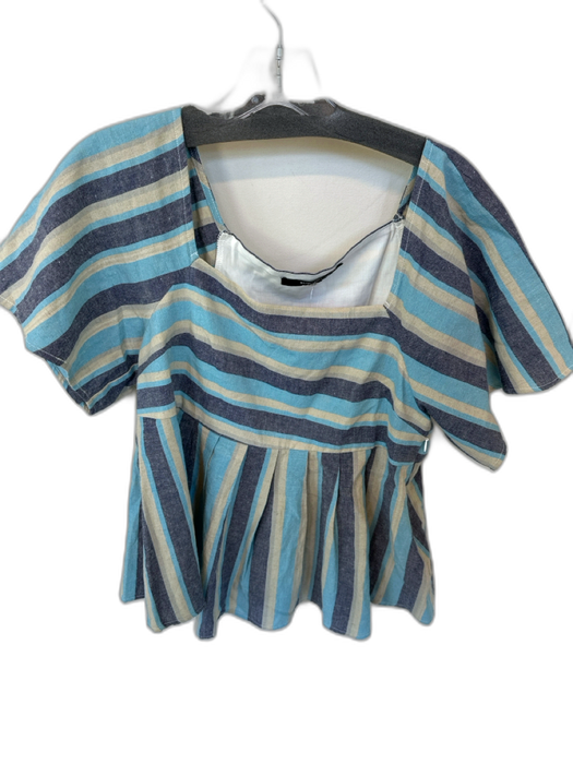 Sugar + Lips Size M Blue & Taupe Cotton Short Sleeve Striped Square Neck Top Blue & Taupe / M