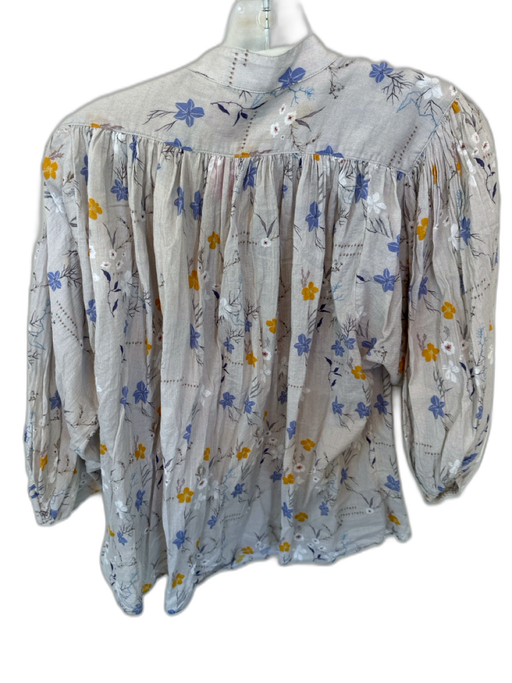 Closed Size S Gray & Blue Cotton Long Balloon Sleeve Flowers Button Down Top Gray & Blue / S
