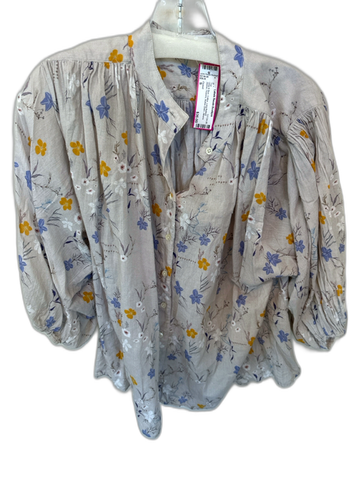 Closed Size S Gray & Blue Cotton Long Balloon Sleeve Flowers Button Down Top Gray & Blue / S